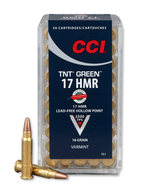 CCI TNT GREEN AMMO 17 HMR, LEAD-FREE HOLLOW POINT, 16 GRAIN